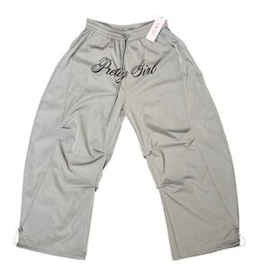 Micas NWT Y2K Wide‎ Leg Pants Gray Drawstring Large "Pretty Girl" Streetwear